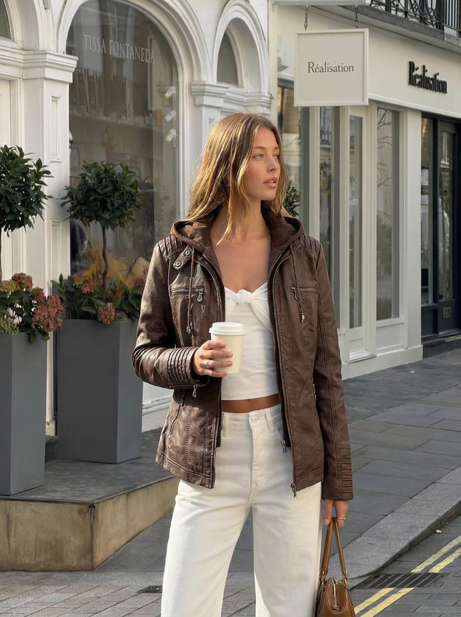 Jardine | Women's Brown Full Zip Leather Hooded Biker Jacket 1