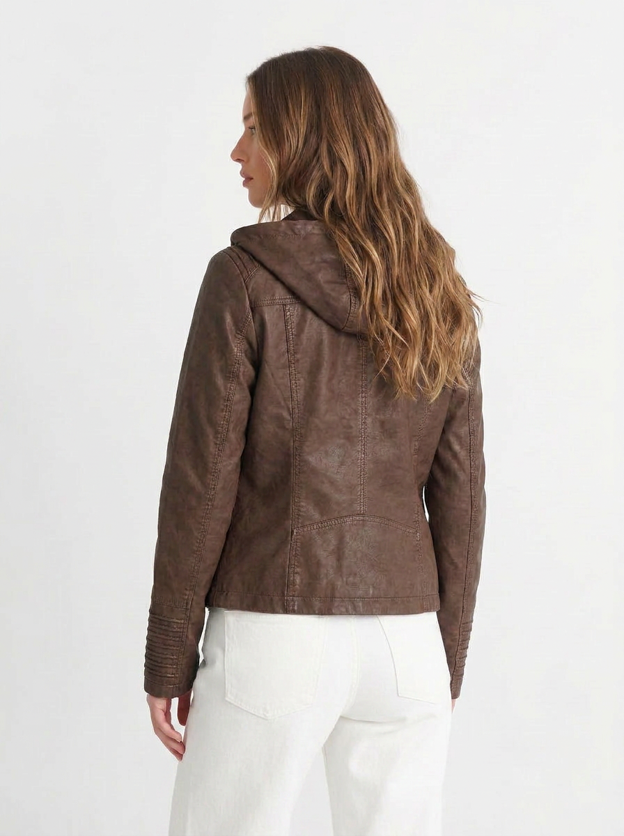 Jardine | Women's Brown Full Zip Leather Hooded Biker Jacket 2