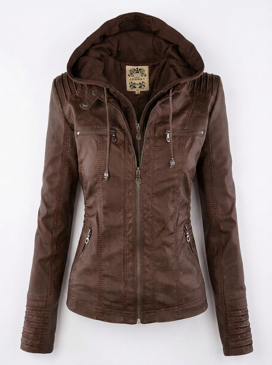 Jardine | Women's Brown Full Zip Leather Hooded Biker Jacket 3