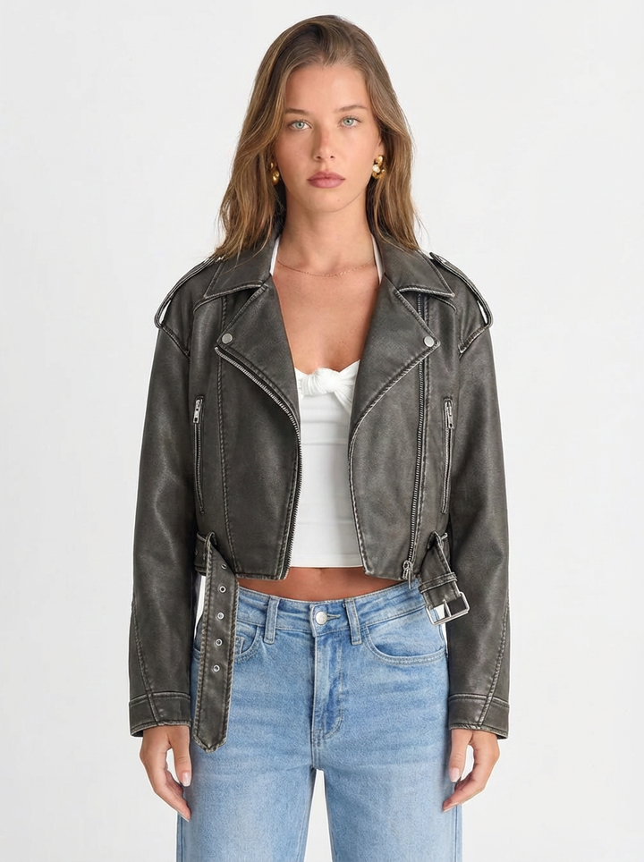 Jenna | Women's Faux Leather Cropped Jacket Belted