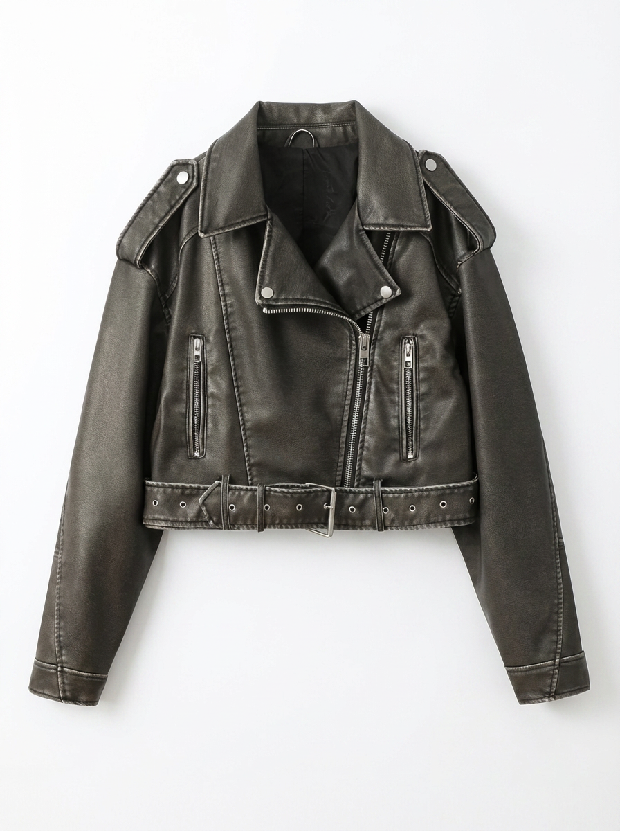 Jenna | Women's Faux Leather Cropped Jacket Belted 3