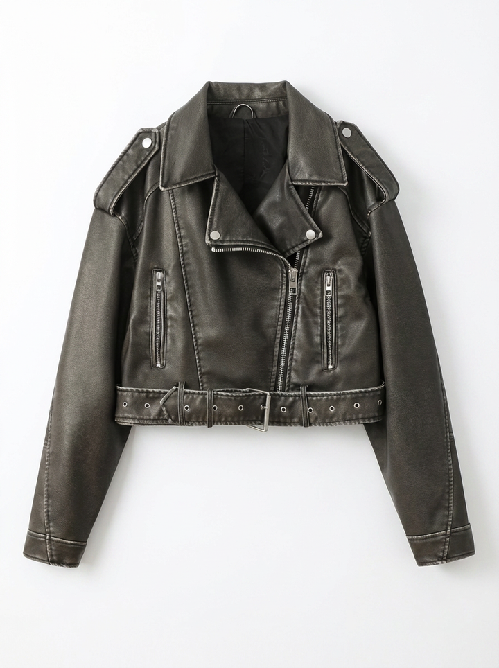 Jenna | Women's Faux Leather Cropped Jacket Belted 3