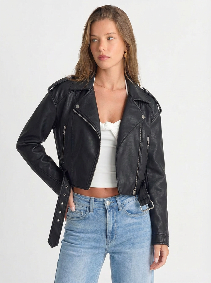 Jenna | Women's Faux Leather Cropped Jacket Belted 4