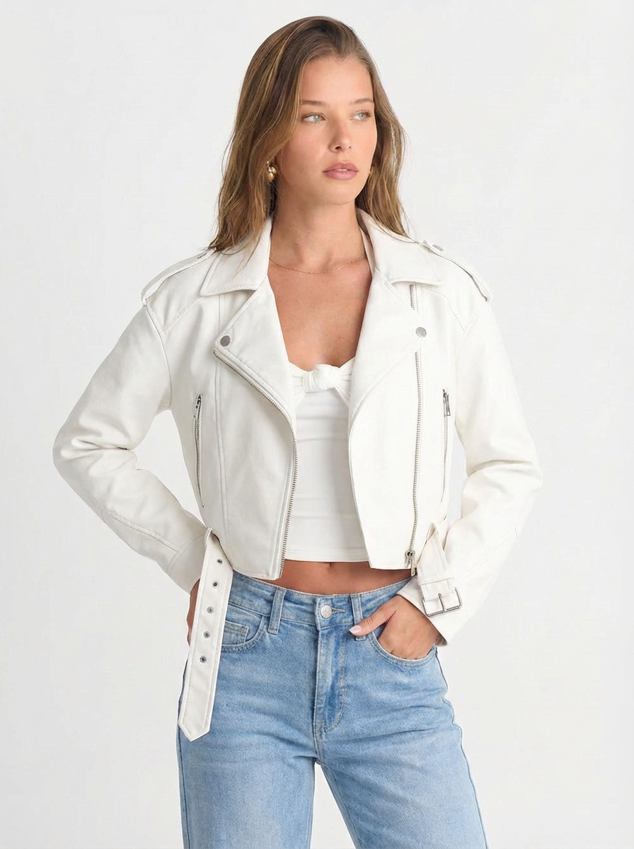 Jenna | Women's Faux Leather Cropped Jacket Belted 5