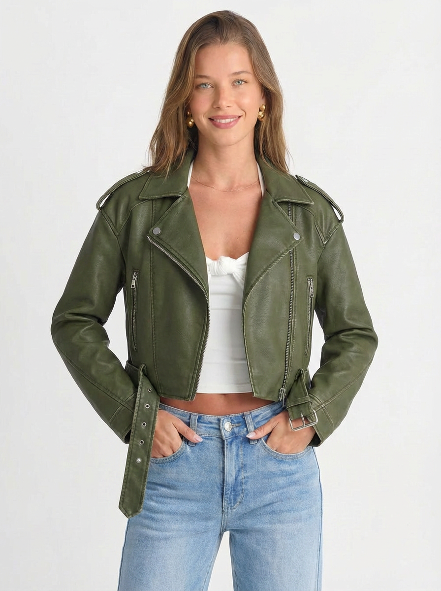 Jenna | Women's Faux Leather Cropped Jacket Belted 6