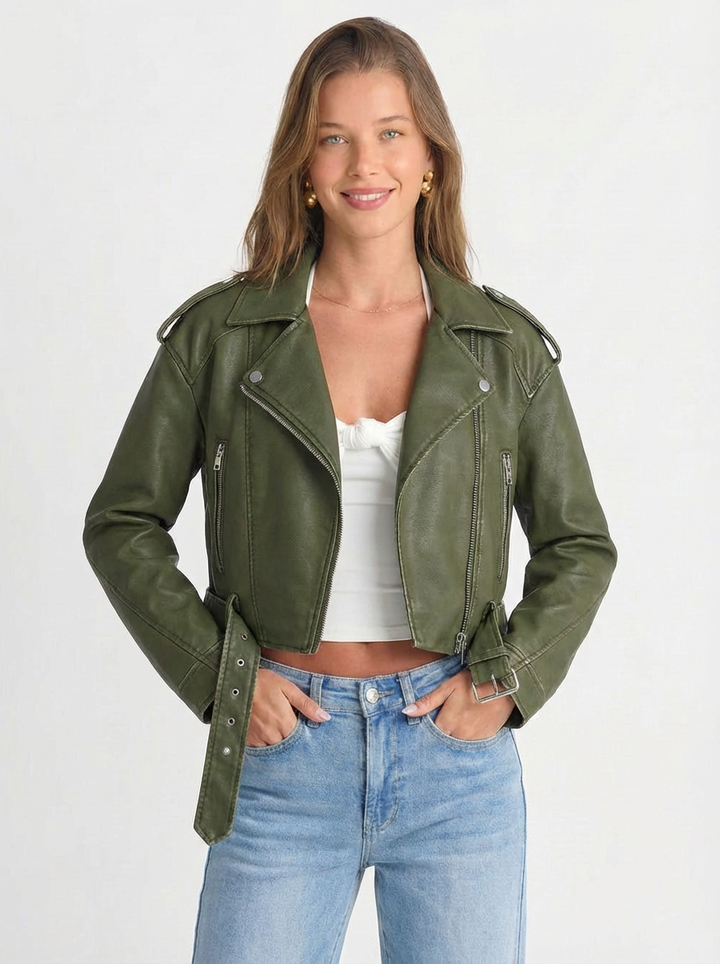 Jenna | Women's Faux Leather Cropped Jacket Belted 6