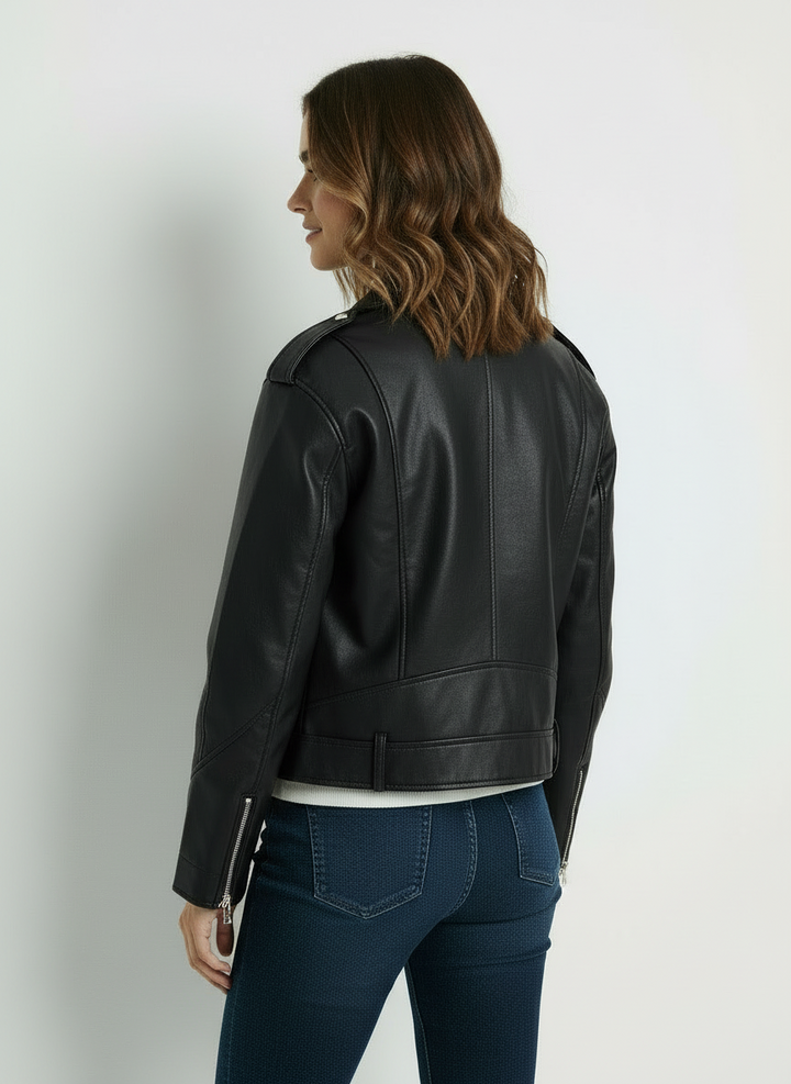 Jenny | Women's Black Cropped Belted Faux Leather Moto Jacket 2