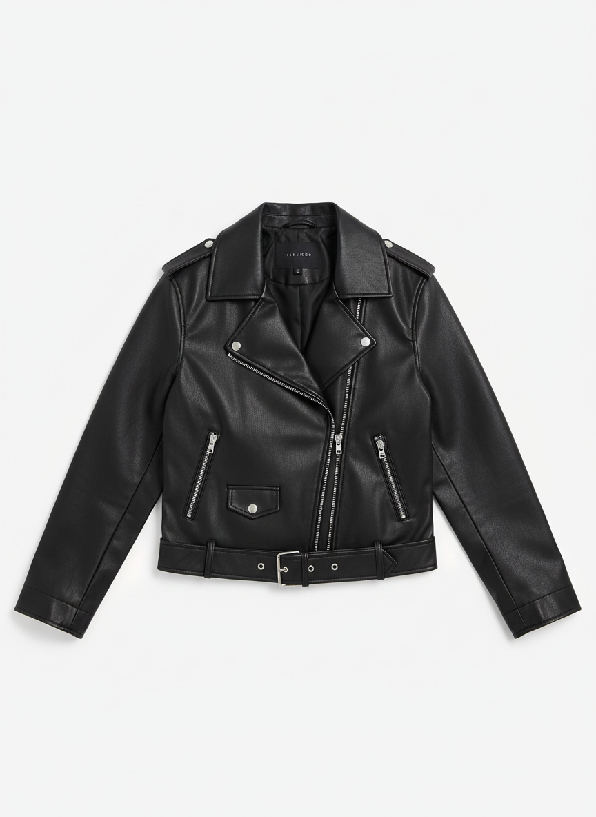 Jenny | Women's Black Cropped Belted Faux Leather Moto Jacket 3