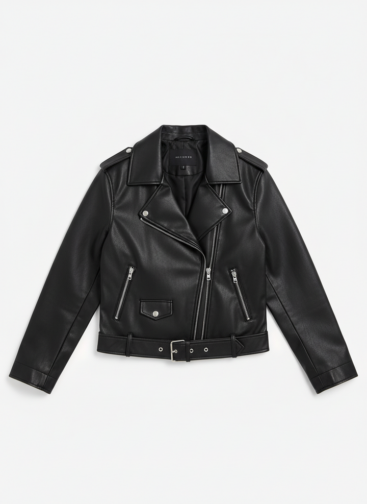 Jenny | Women's Black Cropped Belted Faux Leather Moto Jacket 3
