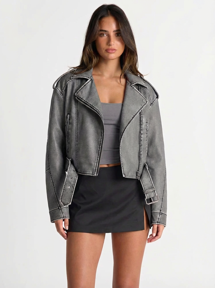 Jillian | Women's Grey Faux Leather Cropped Jacket