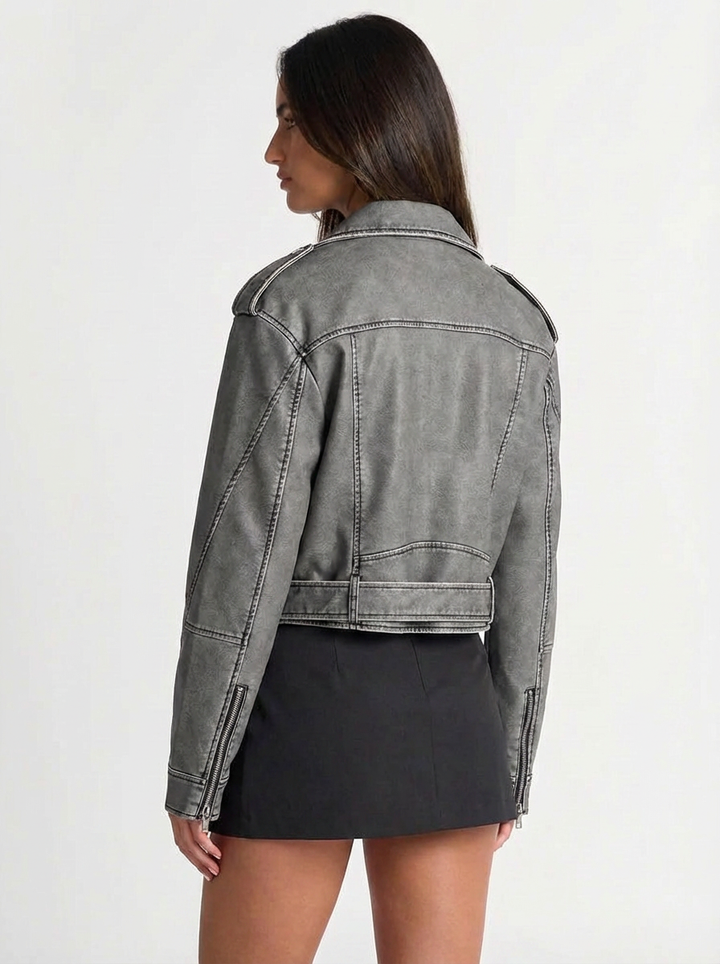 Jillian | Women's Grey Faux Leather Cropped Jacket 2
