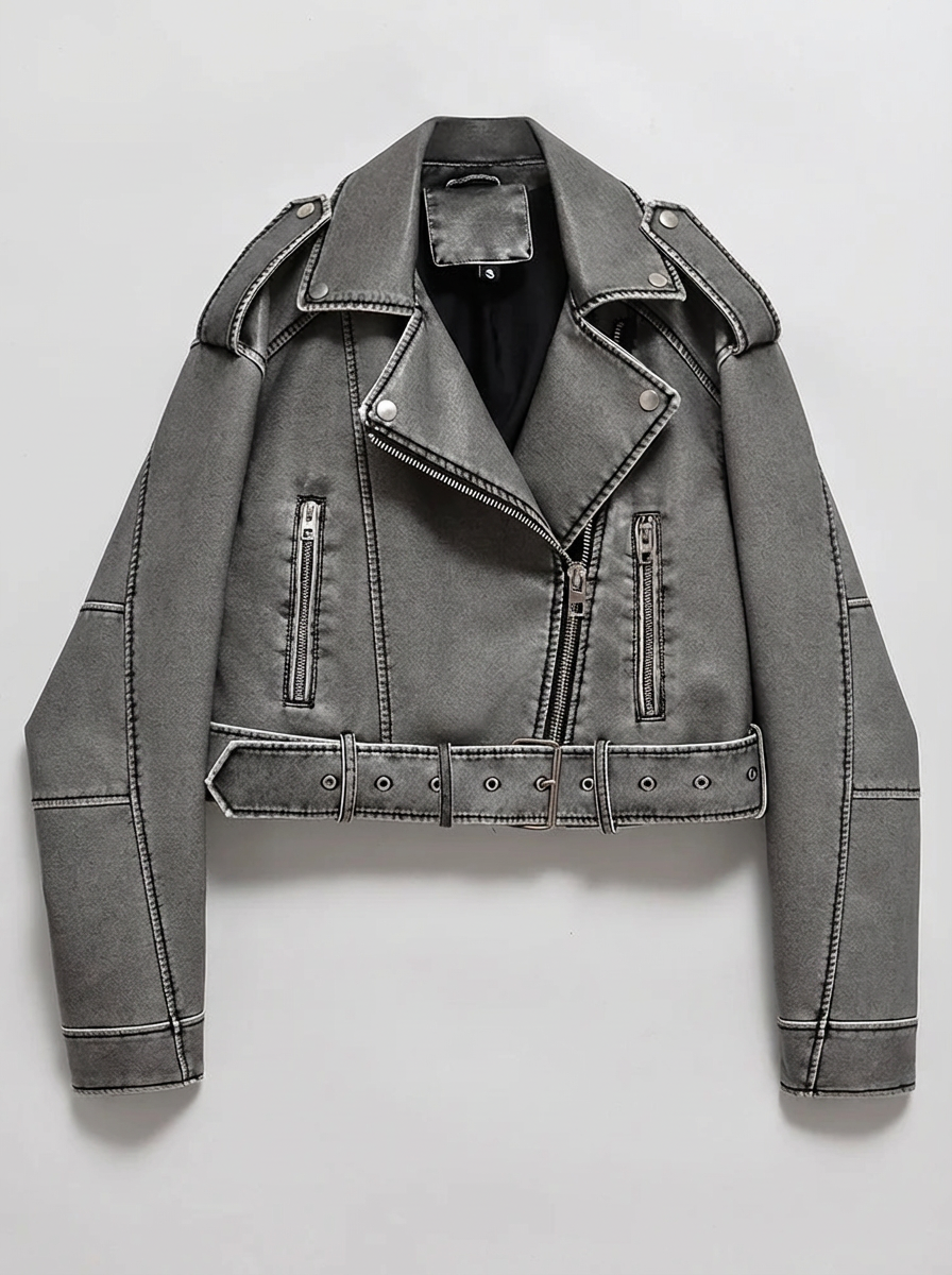 Jillian | Women's Grey Faux Leather Cropped Jacket 3