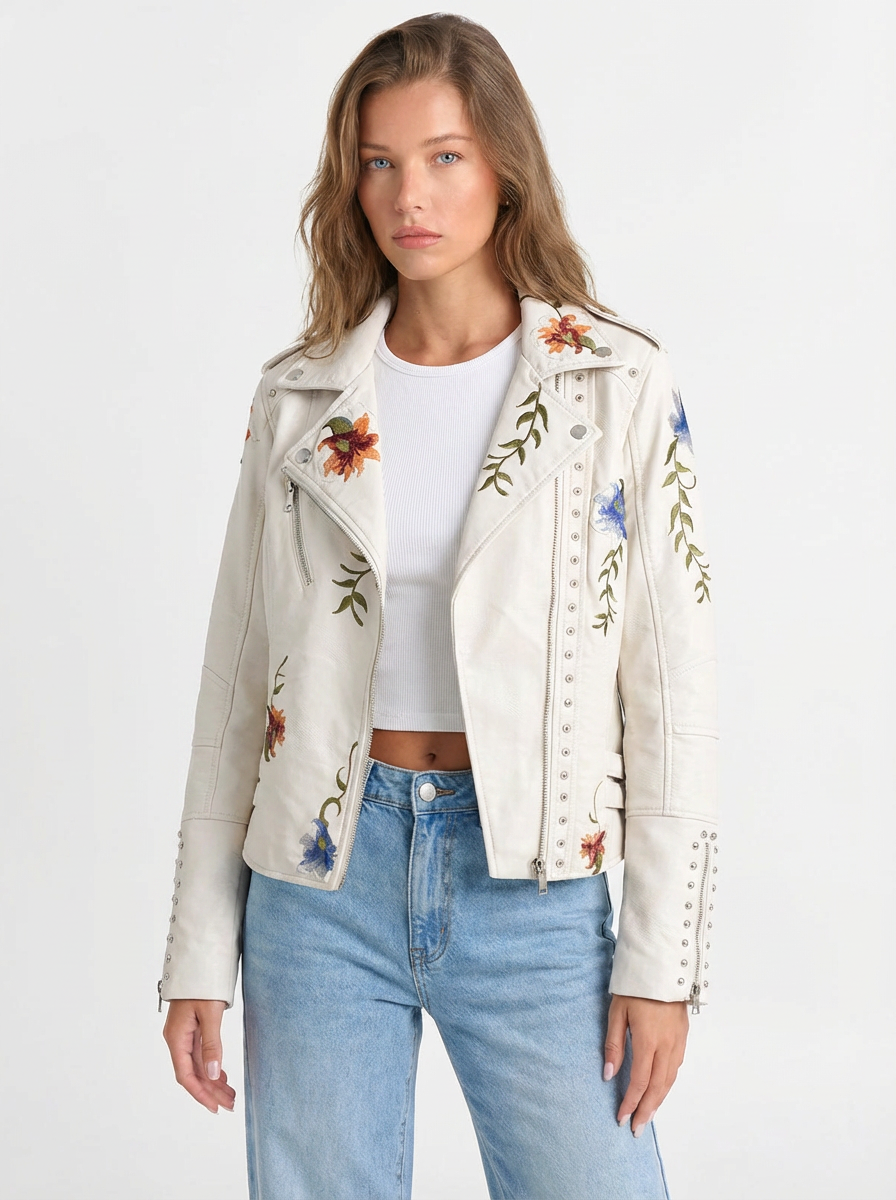 Joelle | Women's Floral Embroidered Studded Faux Leather Jacket