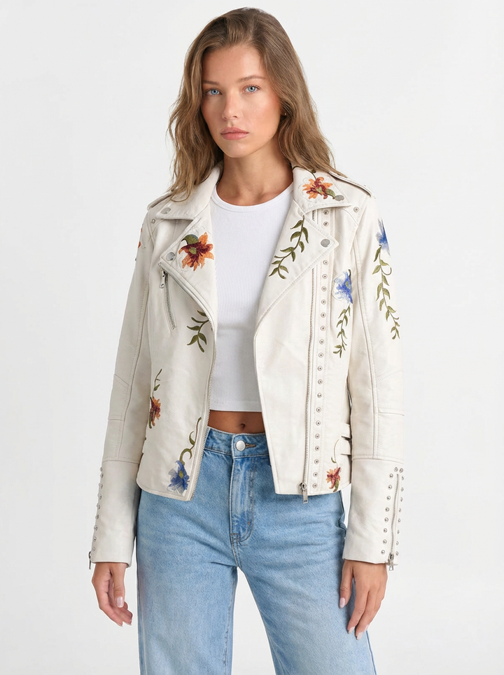Joelle | Women's Floral Embroidered Studded Faux Leather Jacket