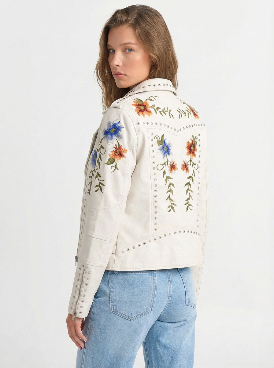 Joelle | Women's Floral Embroidered Studded Faux Leather Jacket 2