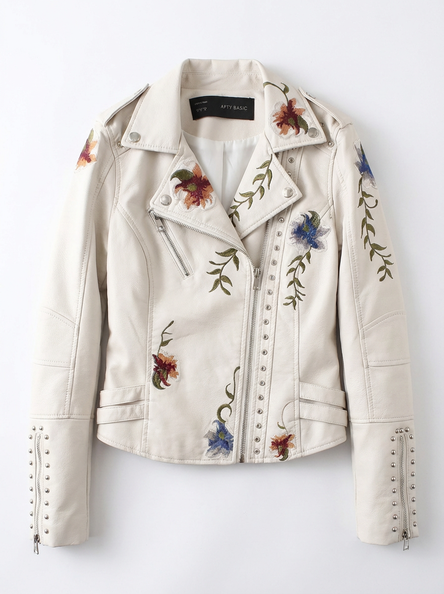 Joelle | Women's Floral Embroidered Studded Faux Leather Jacket 3
