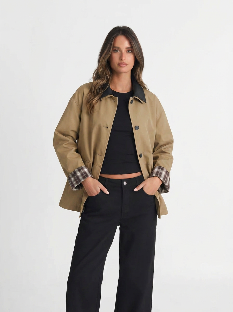 Jules | Women's Beige Plaid Cuff Oversized Jacket