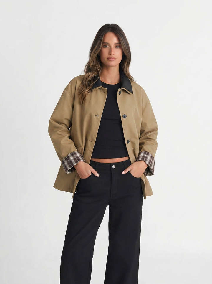 Jules | Women's Beige Plaid Cuff Oversized Jacket