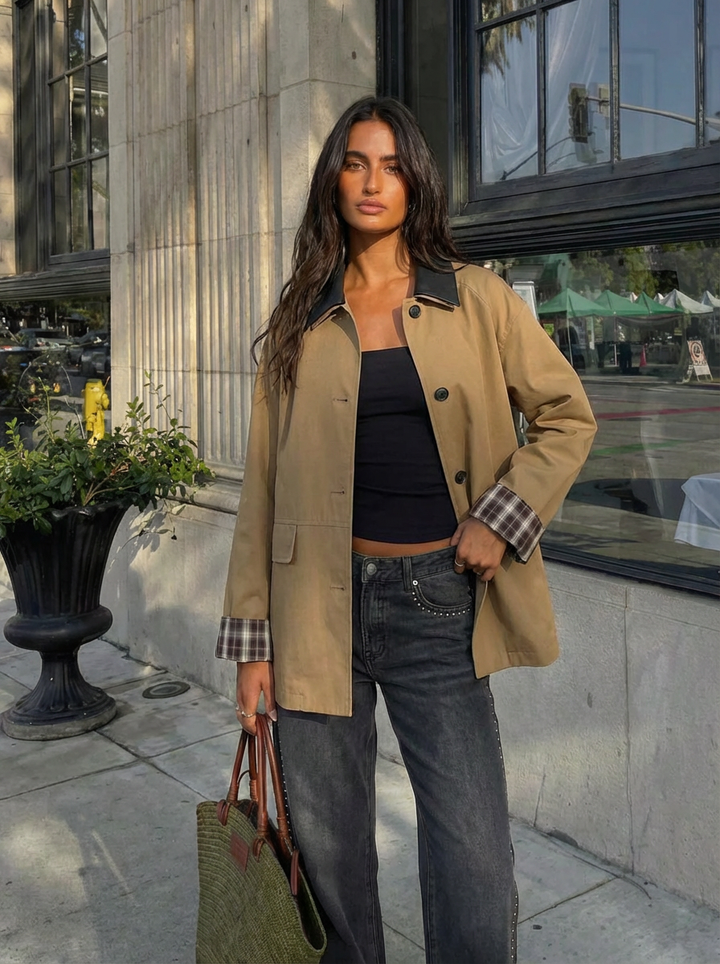 Jules | Women's Beige Plaid Cuff Oversized Jacket 1