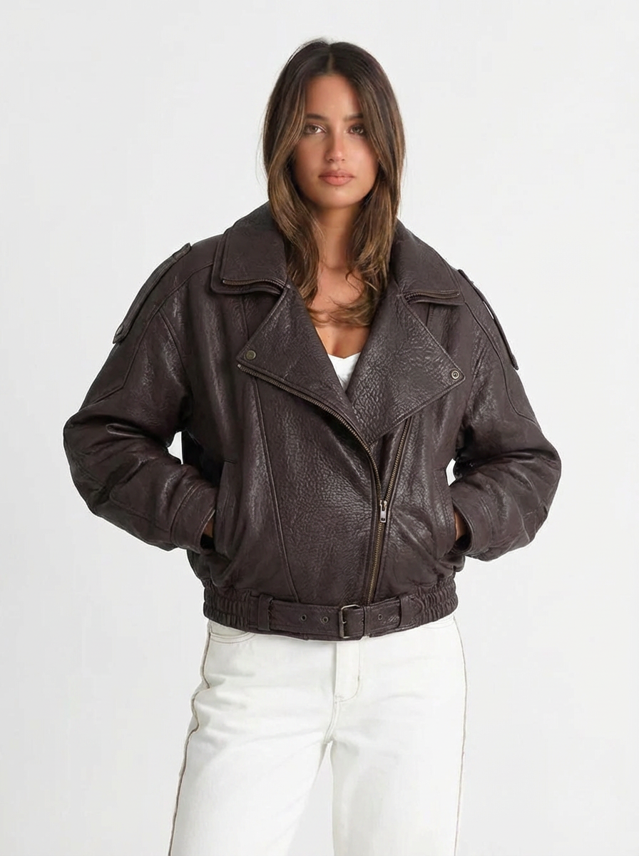Julia | Women's Brown Oversized Leather Bomber Jacket