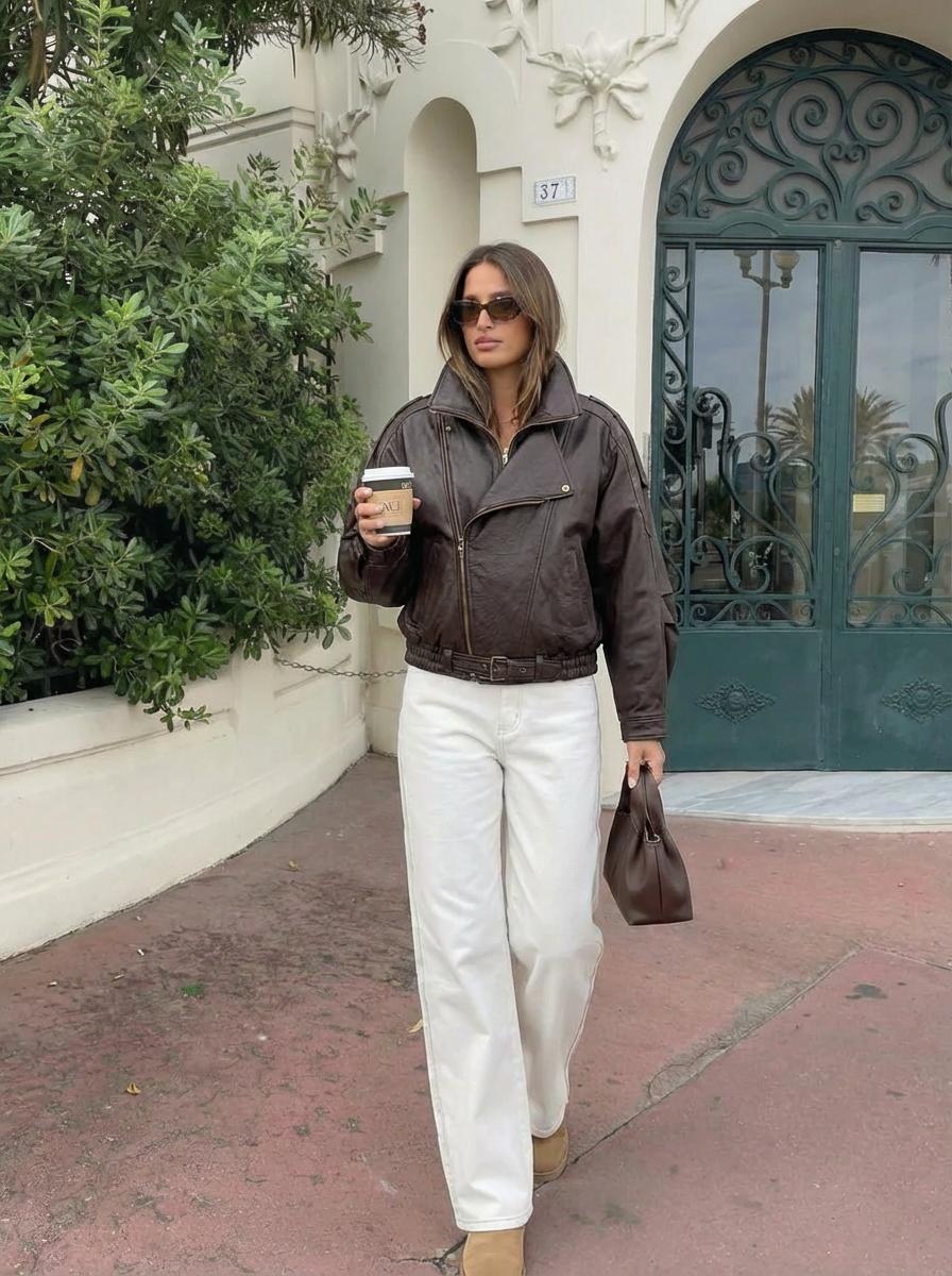 Julia | Women's Brown Oversized Leather Bomber Jacket 1