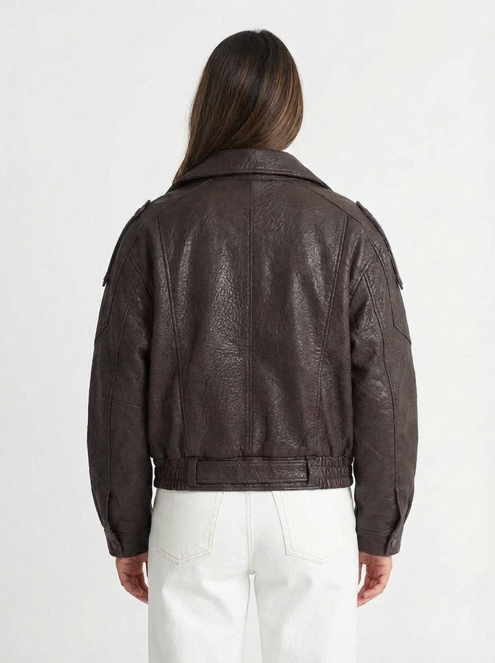 Julia | Women's Brown Oversized Leather Bomber Jacket 2