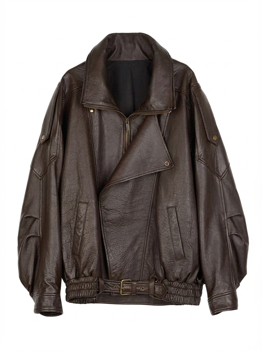 Julia | Women's Brown Oversized Leather Bomber Jacket 3