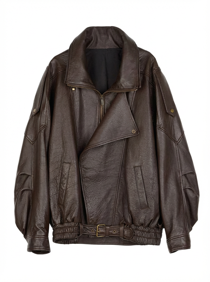 Julia | Women's Brown Oversized Leather Bomber Jacket 3