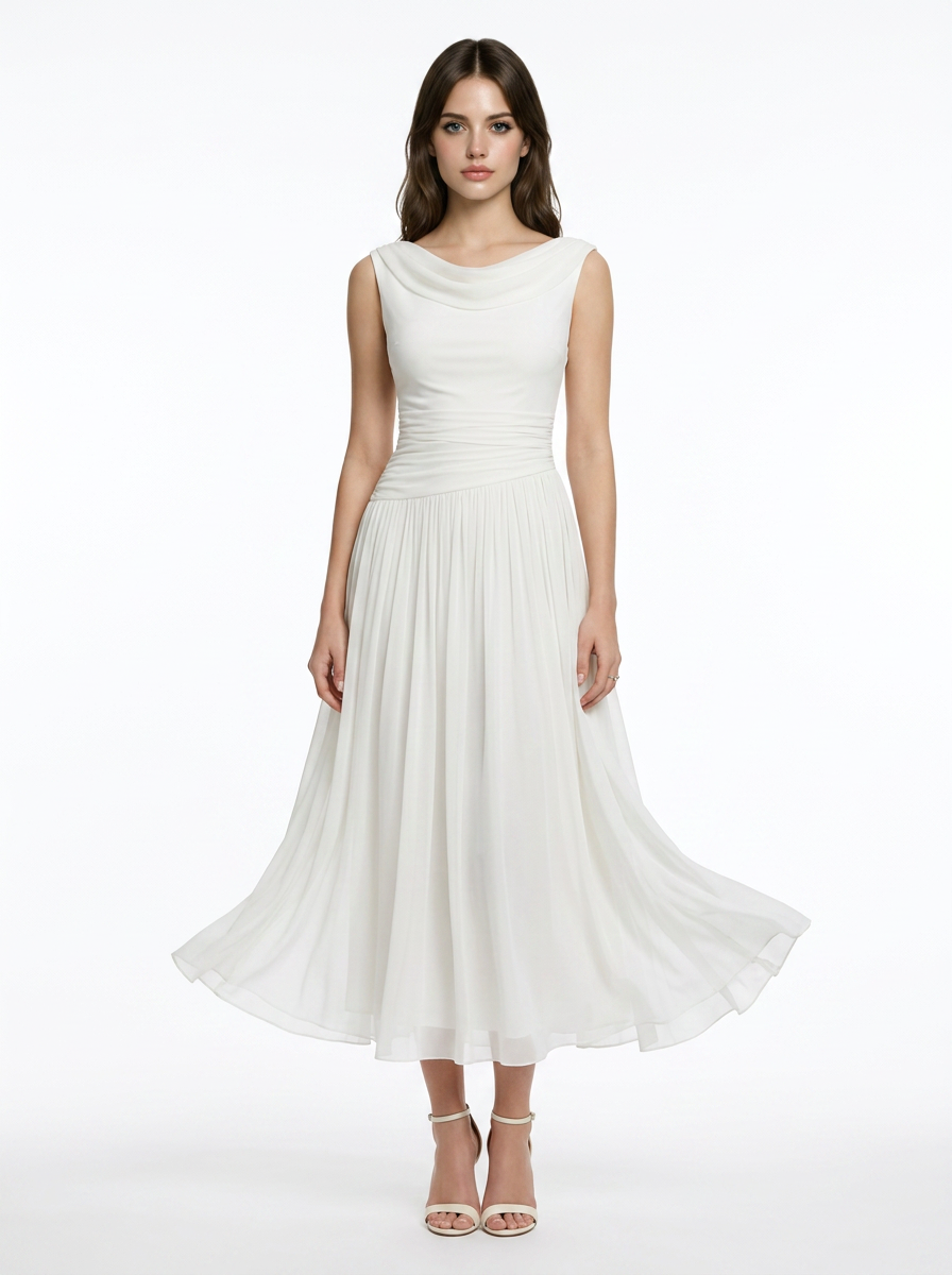 Marlowe | Pleated Midi Dress with Draped Neckline
