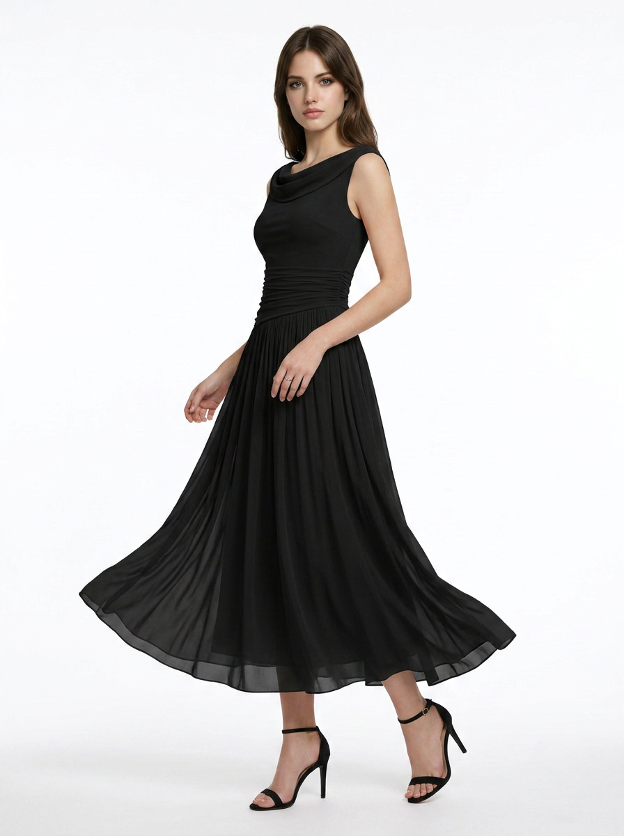 Marlowe | Pleated Midi Dress with Draped Neckline