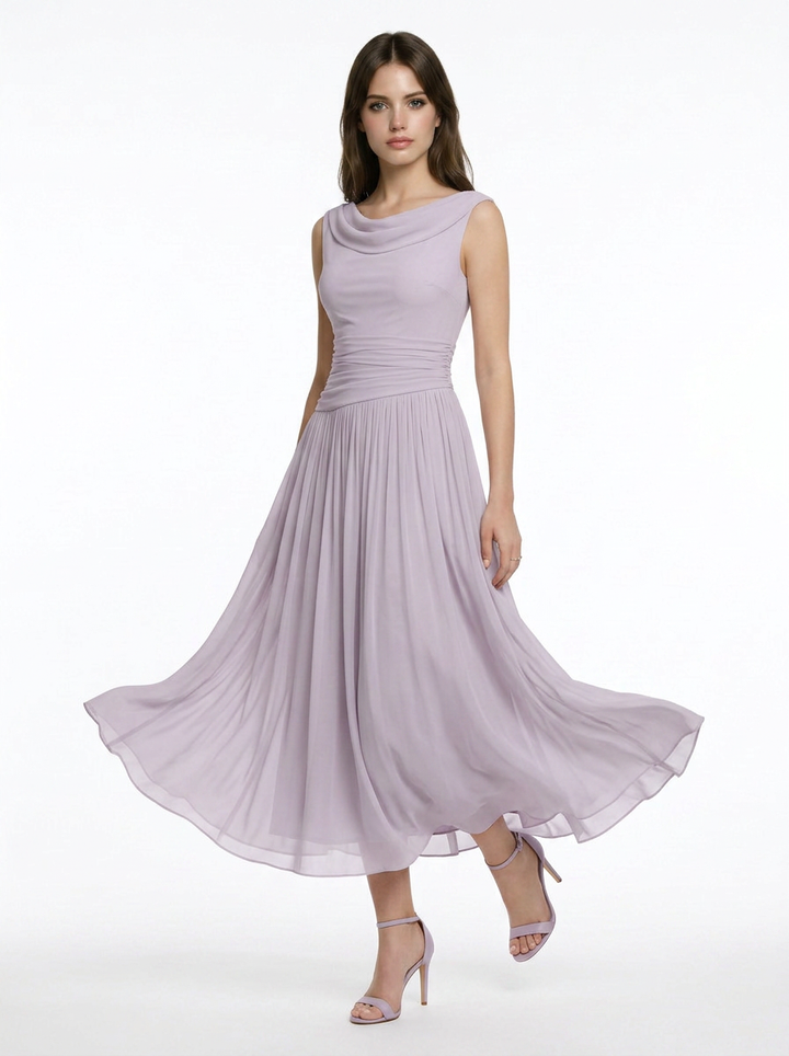 Marlowe | Pleated Midi Dress with Draped Neckline