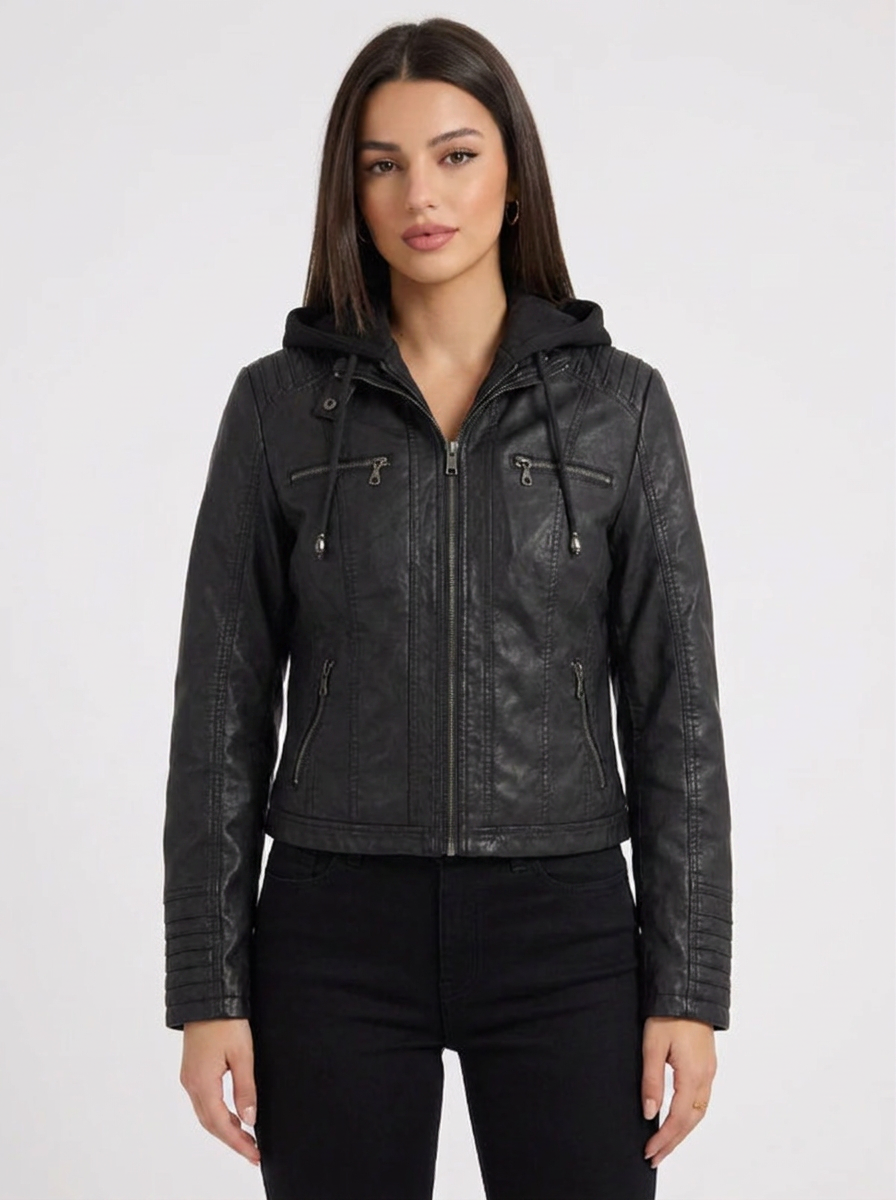 Meghan | Women's Black Full Zip Leather Hooded Biker Jacket