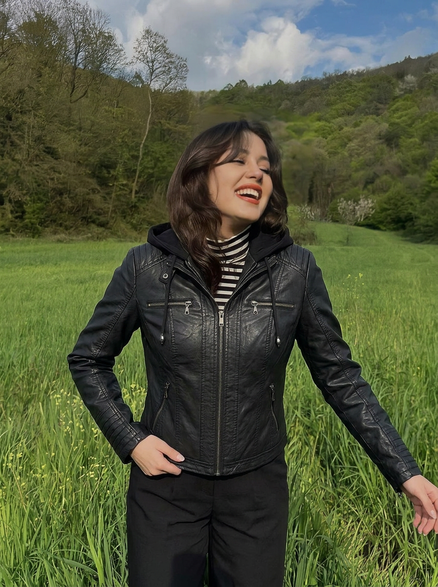 Meghan | Women's Black Full Zip Leather Hooded Biker Jacket