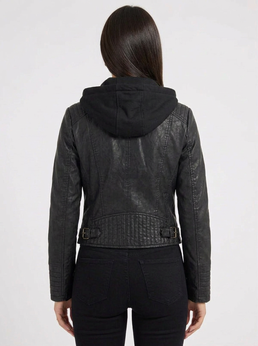 Meghan | Women's Black Full Zip Leather Hooded Biker Jacket