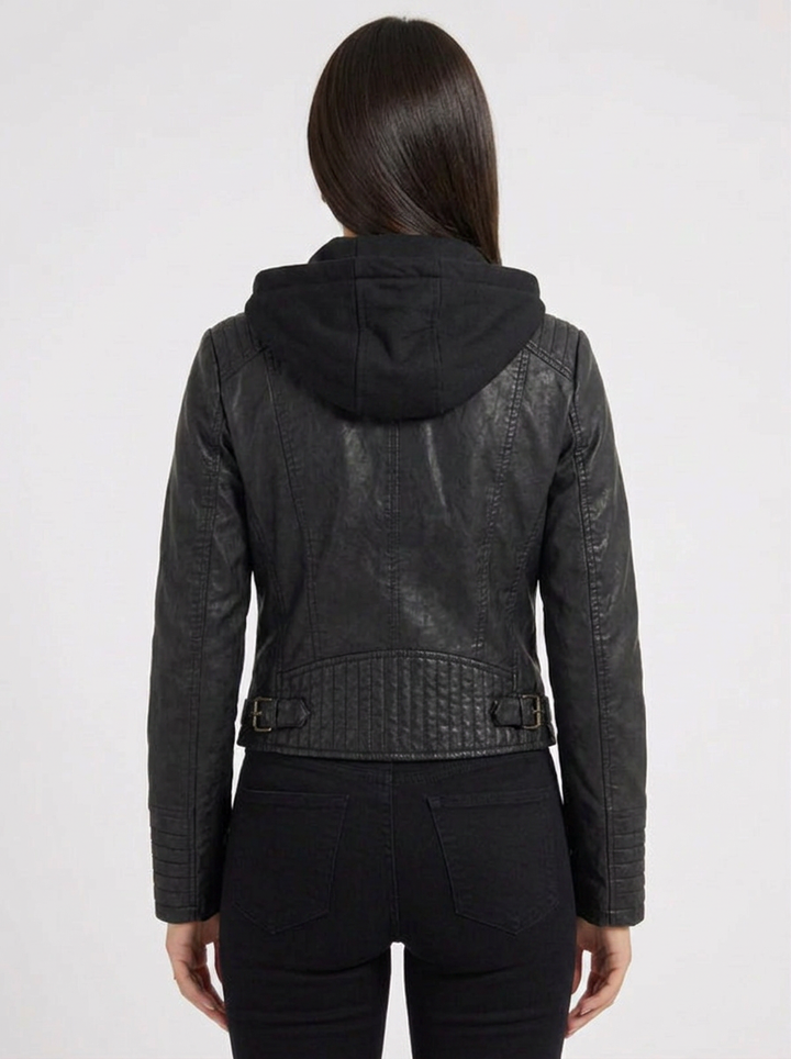 Meghan | Women's Black Full Zip Leather Hooded Biker Jacket