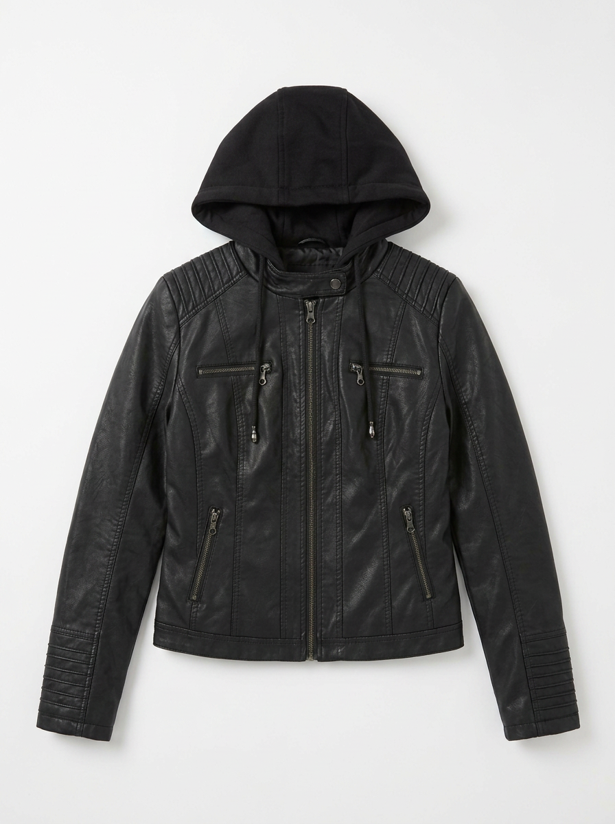 Meghan | Women's Black Full Zip Leather Hooded Biker Jacket