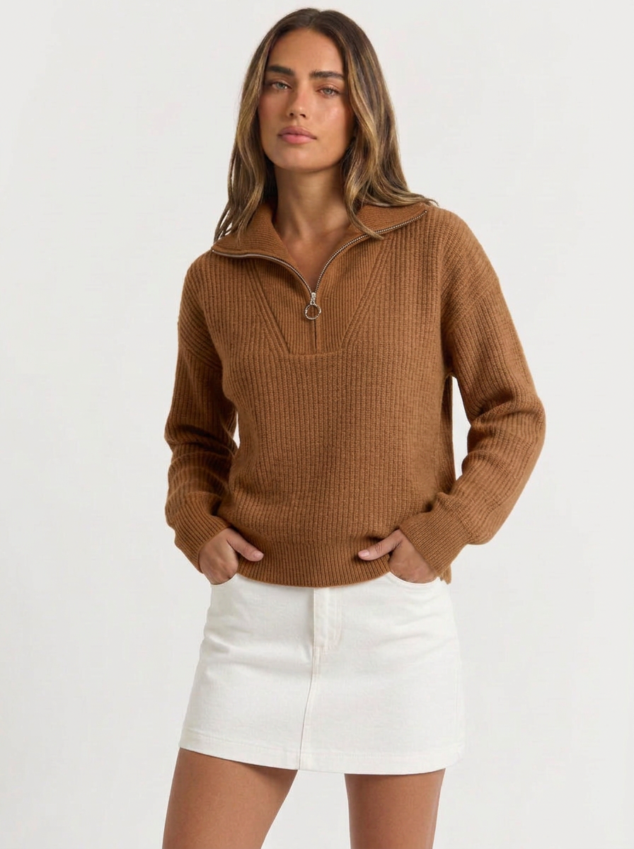 Myra | Women's Half Zip Sweater Ribbed Knit