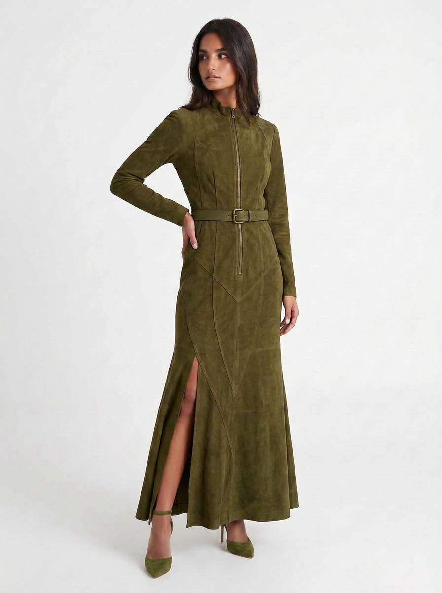 Olivia | Women's Zip-Up Maxi Dress with Belt