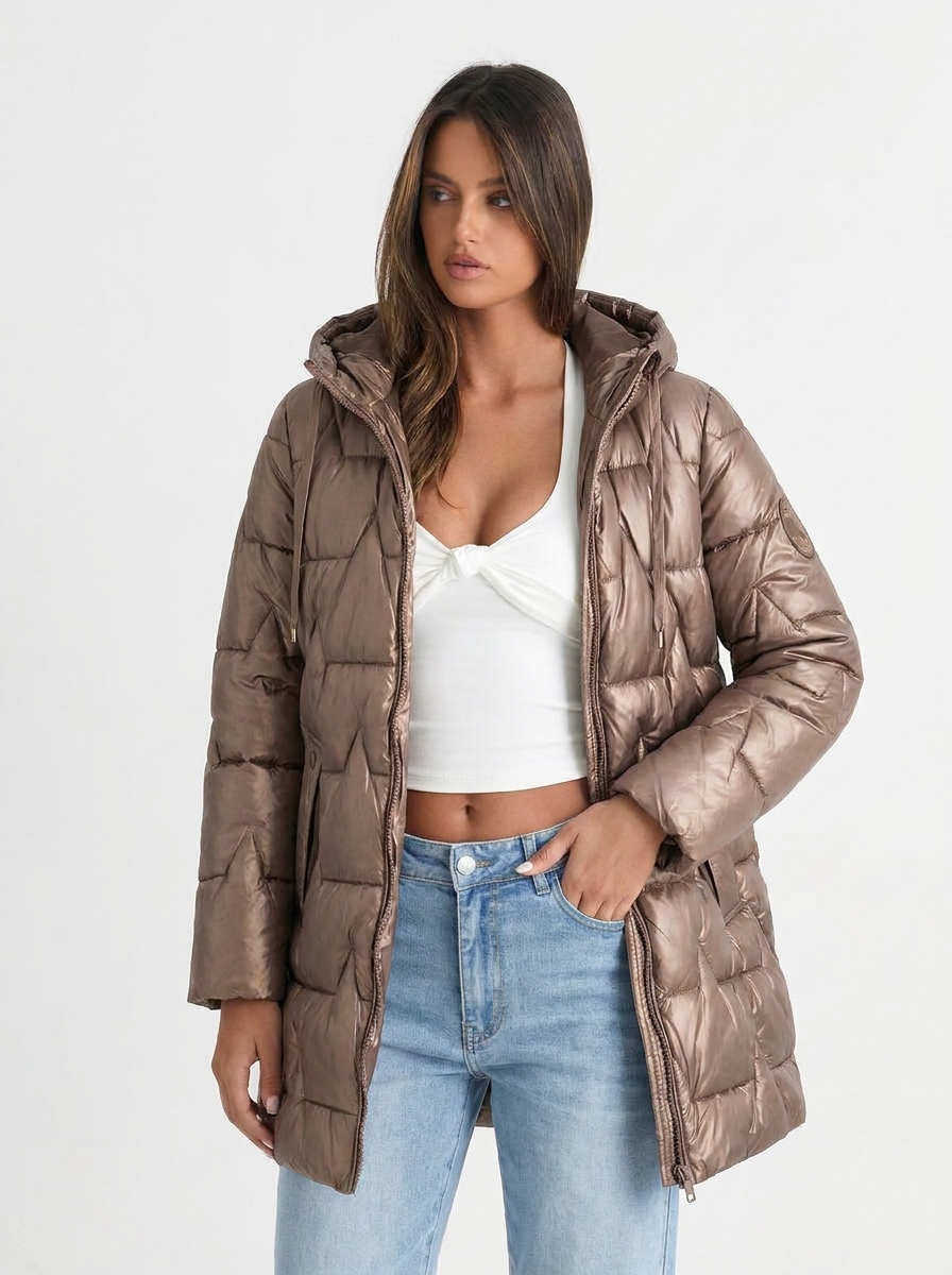 Paige | Women's Metallic Longline Quilted Hooded Puffer Coat