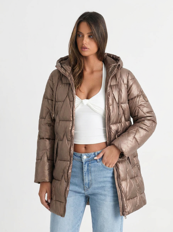 Paige | Women's Metallic Longline Quilted Hooded Puffer Coat