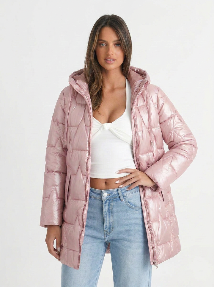 Paige | Women's Metallic Longline Quilted Hooded Puffer Coat 4