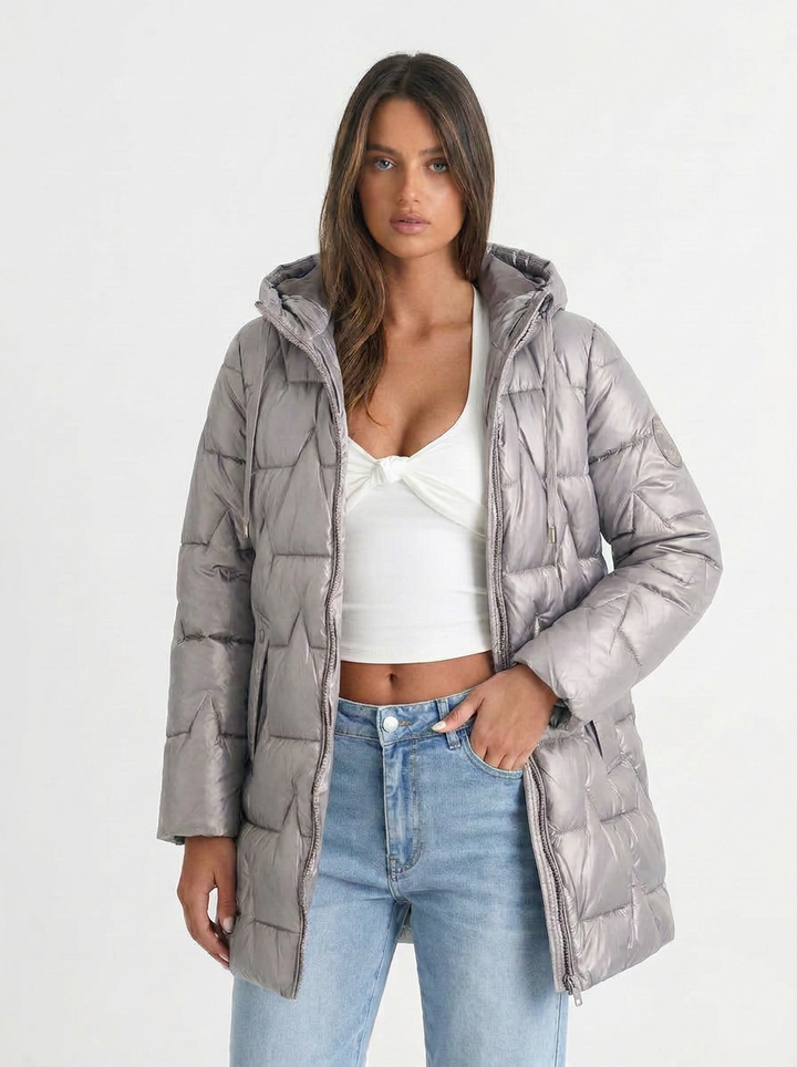 Paige | Women's Metallic Longline Quilted Hooded Puffer Coat 5