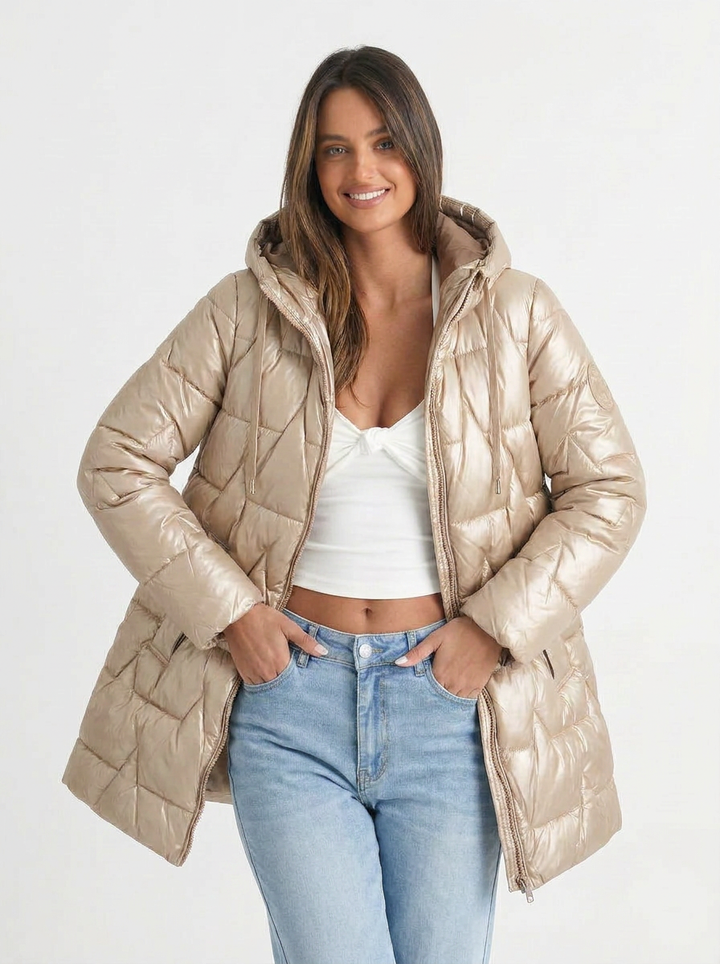 Paige | Women's Metallic Longline Quilted Hooded Puffer Coat 7