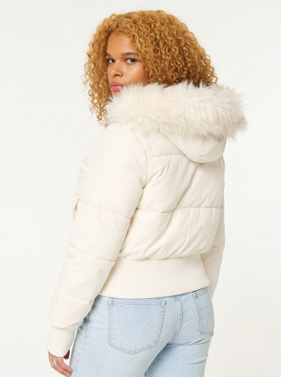 Penelope | Women's Puffer Jacket Cropped Faux Fur Hood Zip Front Ribbed 2