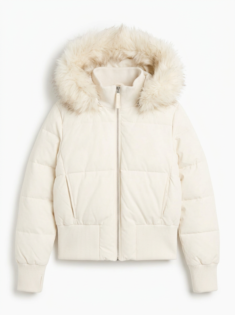 Penelope | Women's Puffer Jacket Cropped Faux Fur Hood Zip Front Ribbed 3