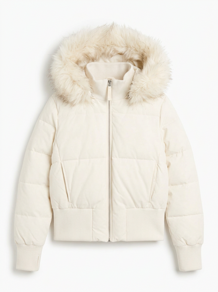 Penelope | Women's Puffer Jacket Cropped Faux Fur Hood Zip Front Ribbed 3
