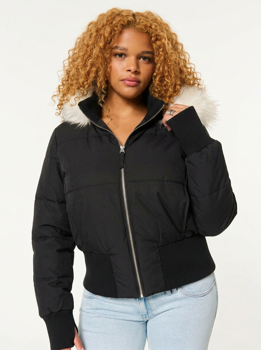 Penelope | Women's Puffer Jacket Cropped Faux Fur Hood Zip Front Ribbed 4