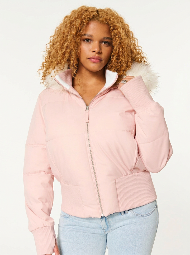 Penelope | Women's Puffer Jacket Cropped Faux Fur Hood Zip Front Ribbed 5