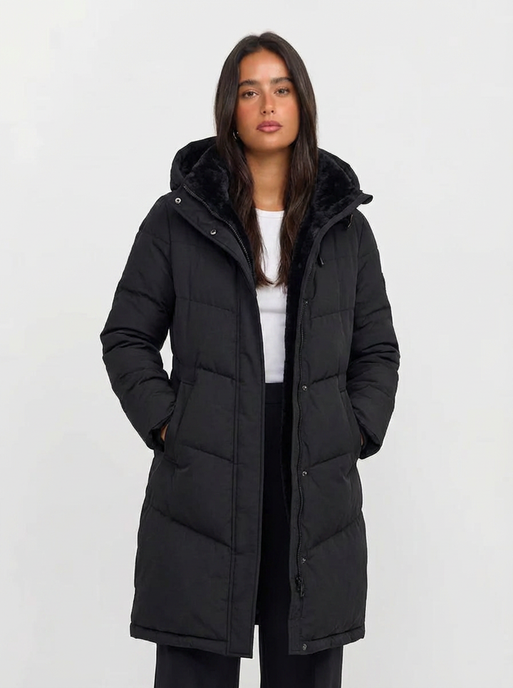 Pia| Women's Black Longline Quilted Hooded Puffer Coat