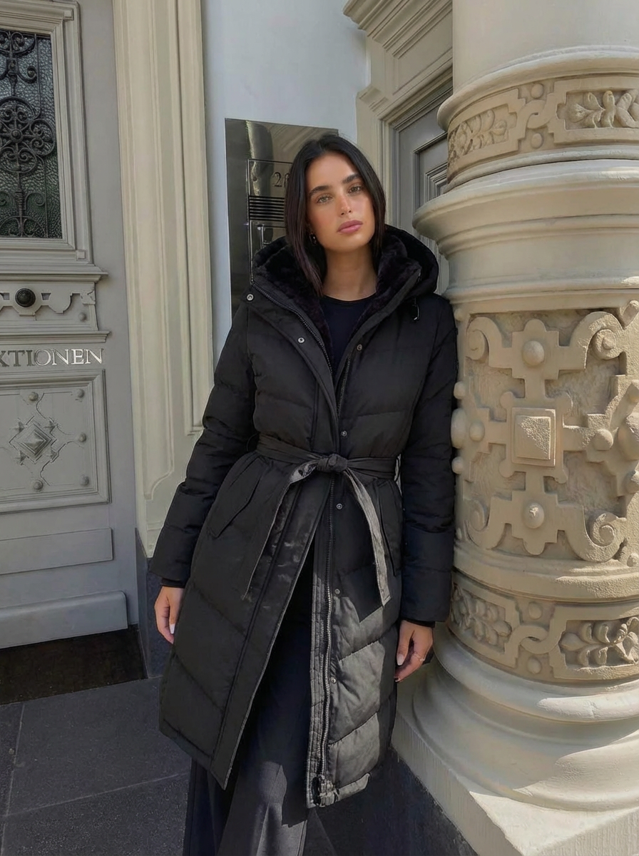 Pia| Women's Black Longline Quilted Hooded Puffer Coat 1